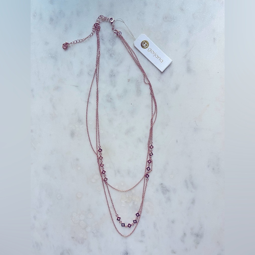 NWT GORJANA Rose Gold Plated Necklace 3 Layer Set Cutout Diamonds $75